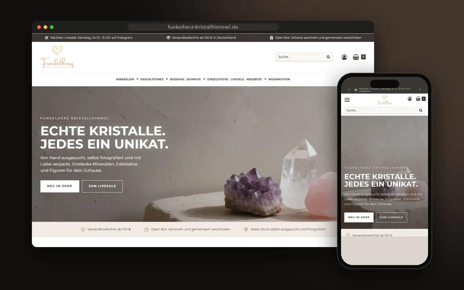 Onlineshop Funkelherz Kristallhimmel auf Laptop und Smartphone